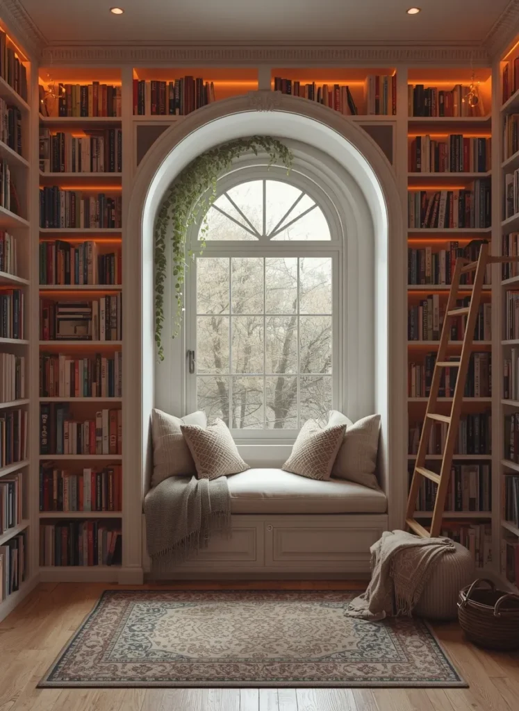 Arched Window Home Library Reading Nook