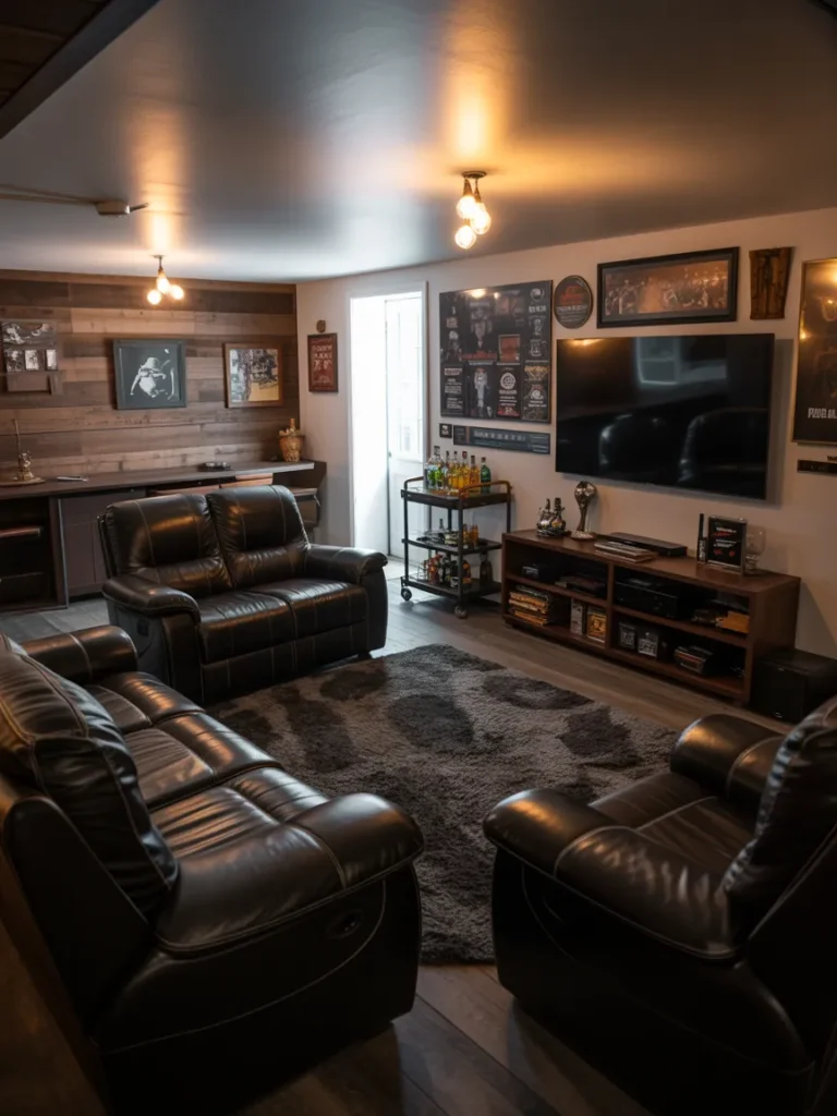 Basement Man Cave with Wooden Accents