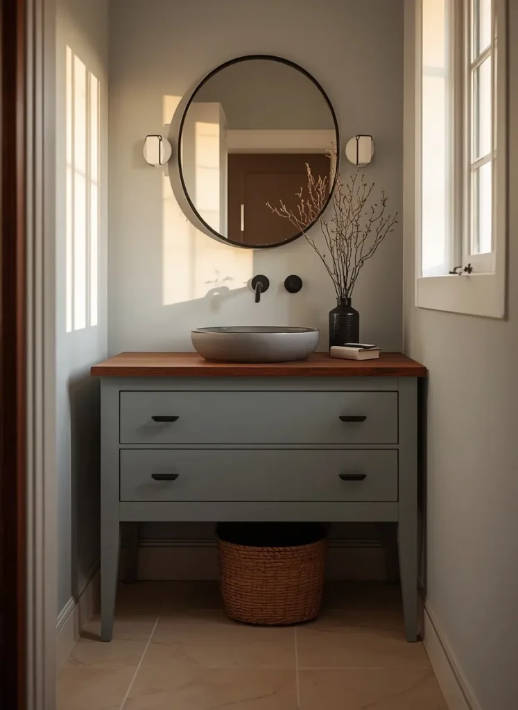 Blue Vanity With Wood Countertop