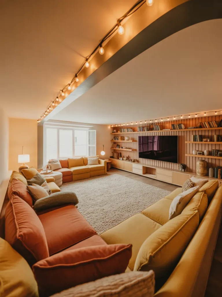 Cozy Basement TV Room with Layered Lighting