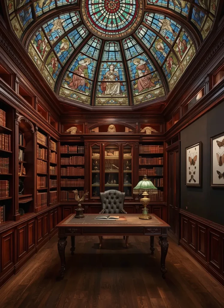 Gothic Home Library with Stained Glass Ceiling