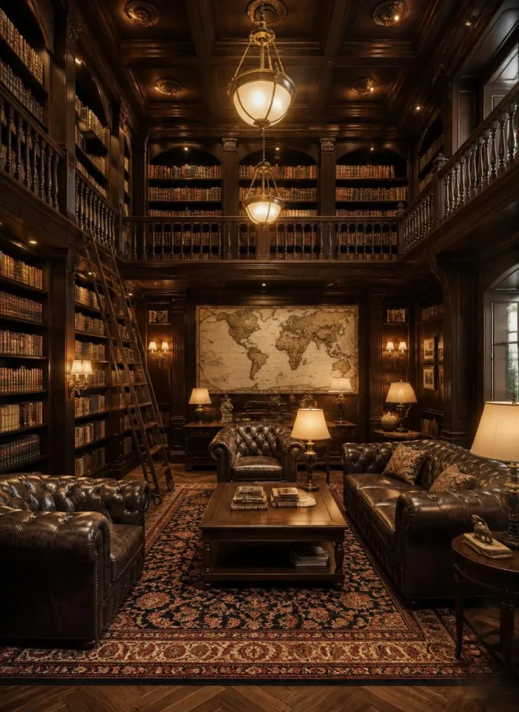 Grand Two-Story Library with Antique Map