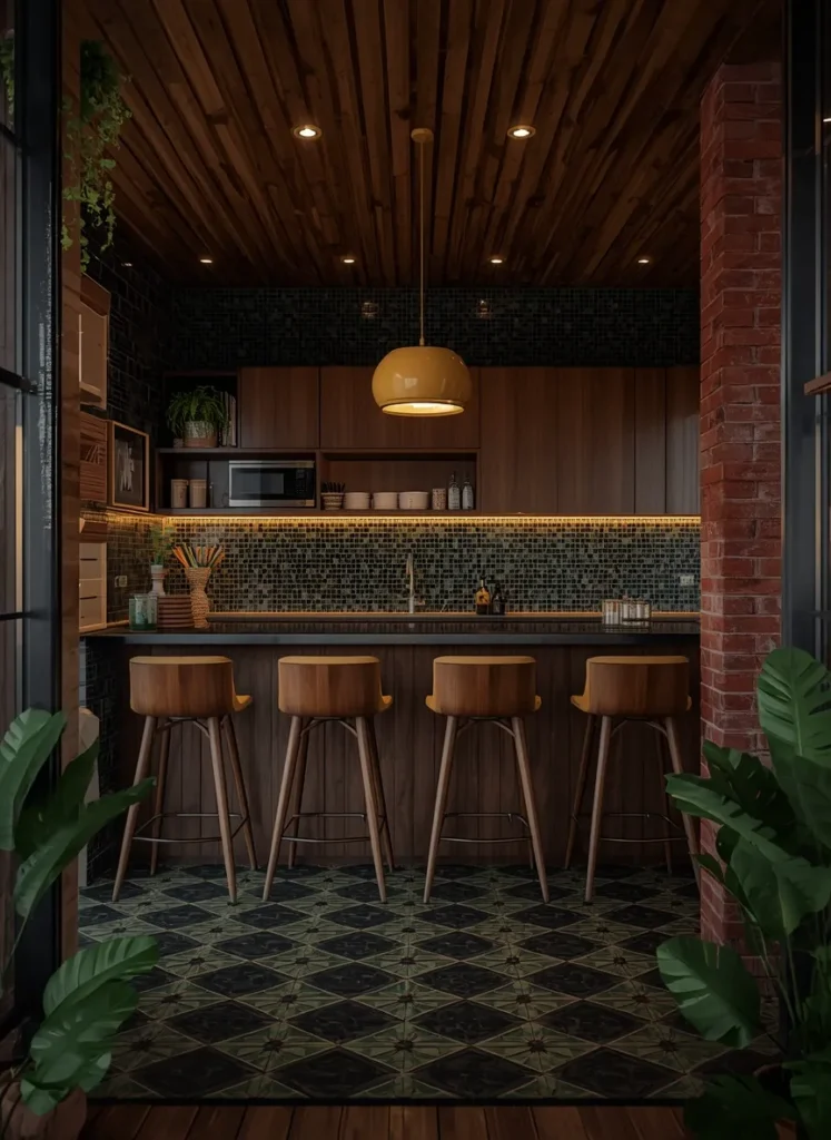 Green Tile Wood Slat Kitchen