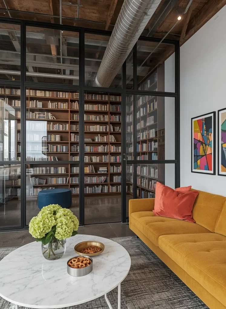 Industrial Loft Library with Glass Walls