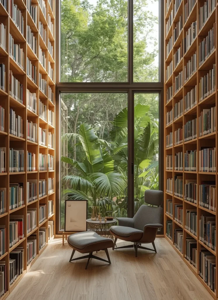Modern Library Nook Surrounded by Nature