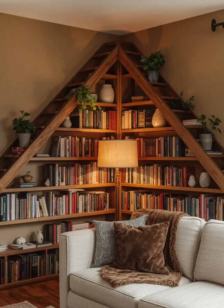 Rustic Corner Library Shelving Design