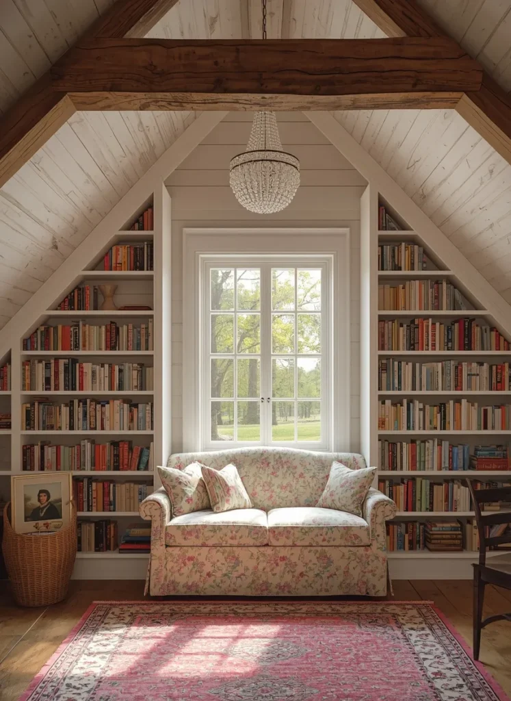 Rustic Cottage Library with Chandelier