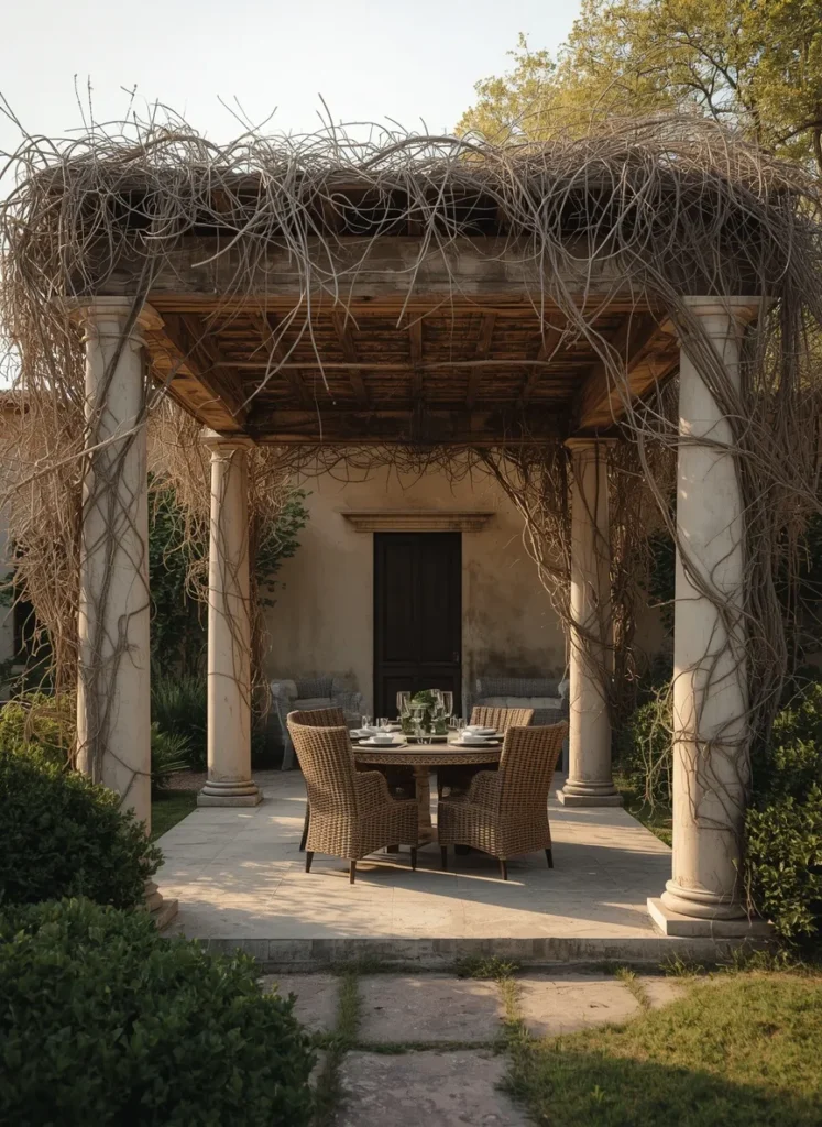  Rustic Vine-Covered Stone Pergola