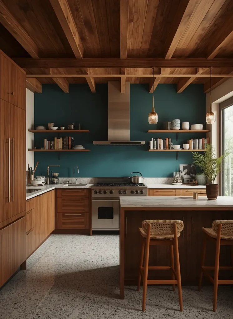 Teal Wall Wood Beam Kitchen