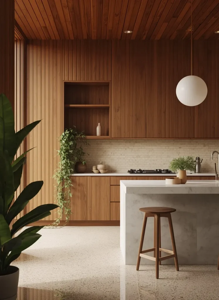 Wood Slat Terrazzo Floor Kitchen